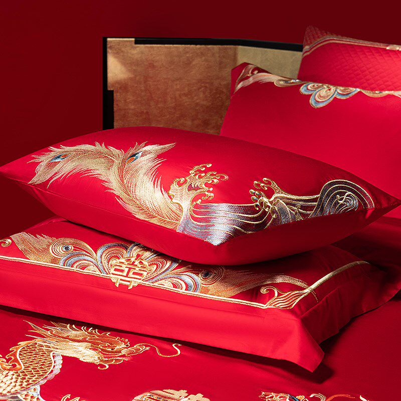 奢华龙凤刺绣全j棉结婚四件套新中式大红喜被婚庆陪嫁床上用品,床上用品,婚庆床品套件,淘宝优惠券,粉丝福利购,淘宝优惠卷