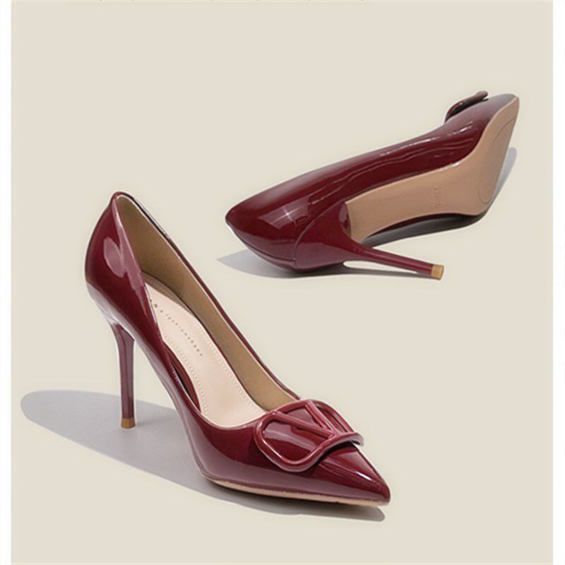 裸色高跟鞋女2024新款V扣尖头细跟不累脚职业工T作鞋百搭气质单鞋