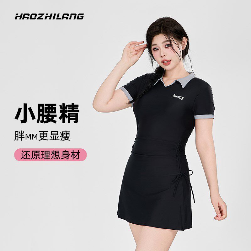 大码连体泳衣胖mm20q0斤遮肉显瘦泡温泉专用黑色成人保守裙式泳装