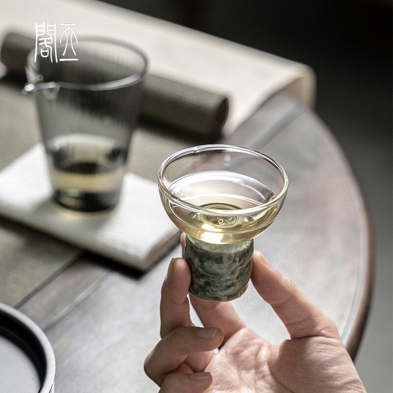 天一閣丨越窑青瓷浮雕高脚茶杯单个主人杯功夫茶具浮W雕高足品茗