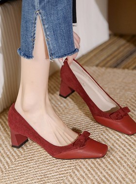 法式红色高跟鞋女粗跟n方头方跟5公分2024春季季新款软皮气质单鞋