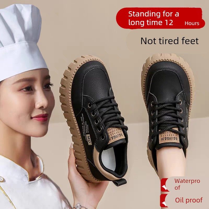 防水防滑工c作鞋女久站不累脚软底黑色厨房酒店服务员上班族小黑