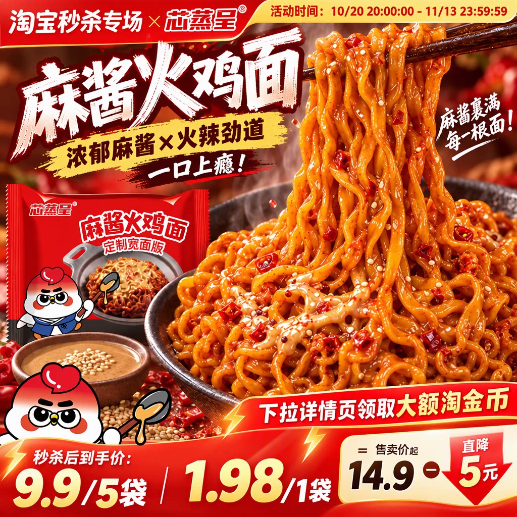 芯蒸呈麻酱火鸡面宽面袋装方便面