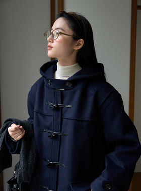 aww 日系大廓形·宽松连帽牛角扣夹棉大衣复古中长款大口袋设计