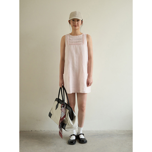 【春上新 限时85折】aww 100%亚麻圆领蕾丝拼接镂空A字宽松连衣裙