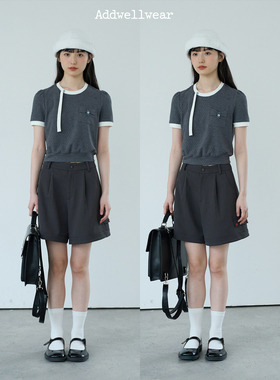 aww 日系大小姐·灰色撞色飘带泡泡袖短袖圆领小上衣