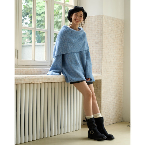 aww 显肤色·大翻领宽松亲肤毛衣自然垂感蓝色秋冬上衣