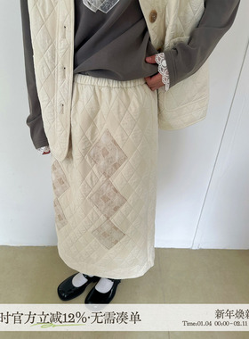 aww 斜裁拼接设计·撞色菱格米白半裙H型裙子加厚秋冬