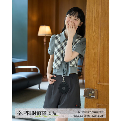 aww 立裁独家版型·假两件拼色短袖衬衫宽松复古日系圆领衬衣女