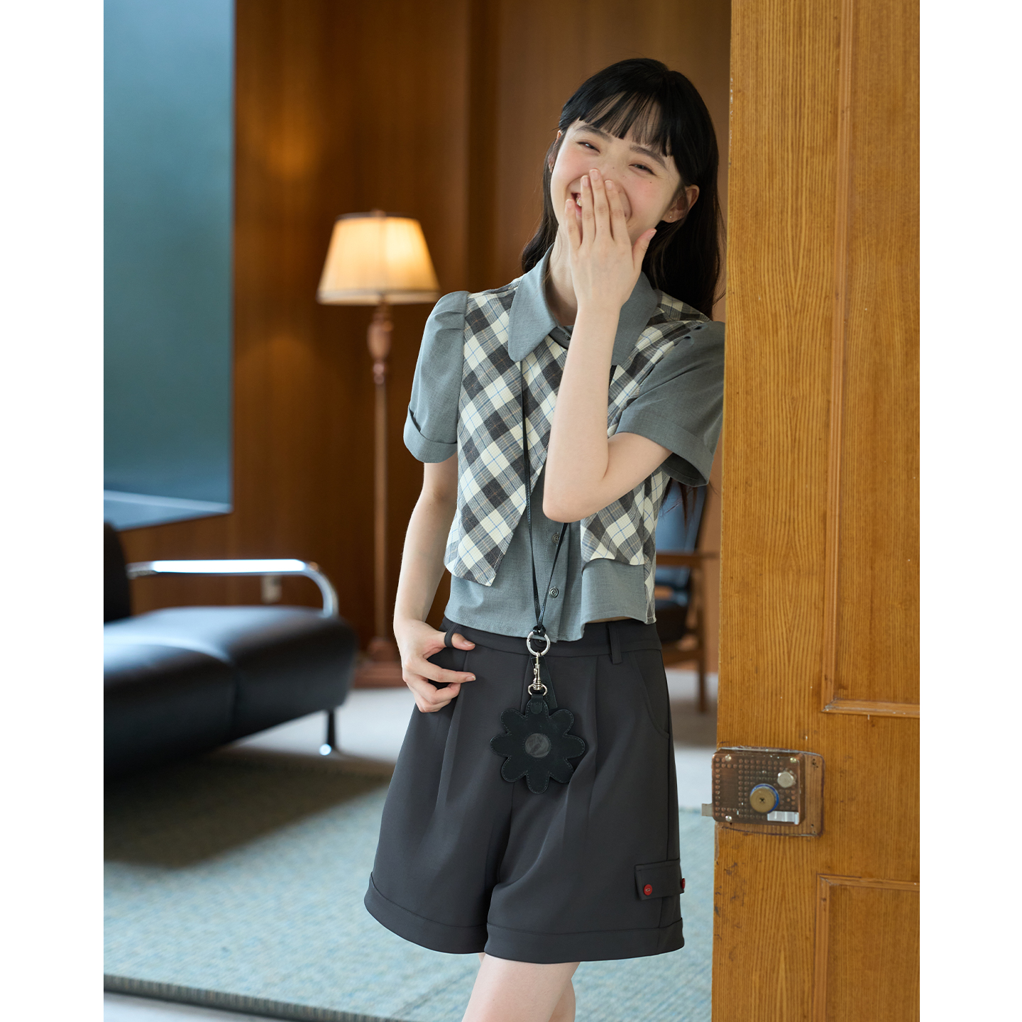 aww 立裁独家版型·假两件拼色短袖衬衫宽松复古日系圆领衬衣女