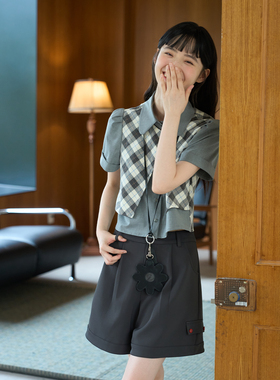 aww 立裁独家版型·假两件拼色短袖衬衫宽松复古日系圆领衬衣女