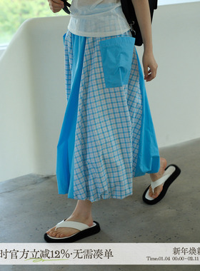 aww 大口袋半裙·重工系列100%棉蓝色撞色拼接花苞半裙