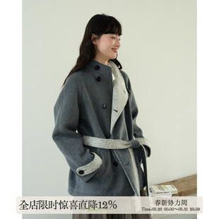 aww 多种穿法·撞色系带立领呢子外套灰色大衣女秋冬可调节腰带