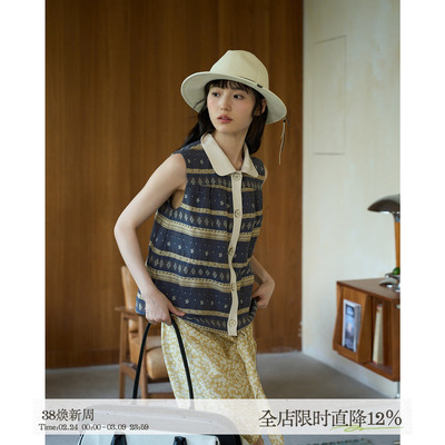 aww 椿野·手工打褶娃娃领撞色拼接马甲小圆领无袖A字上衣文艺风