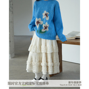aww 重工多层·白色蕾丝蛋糕裙毛茸茸荷叶边中长款半裙松紧腰设计