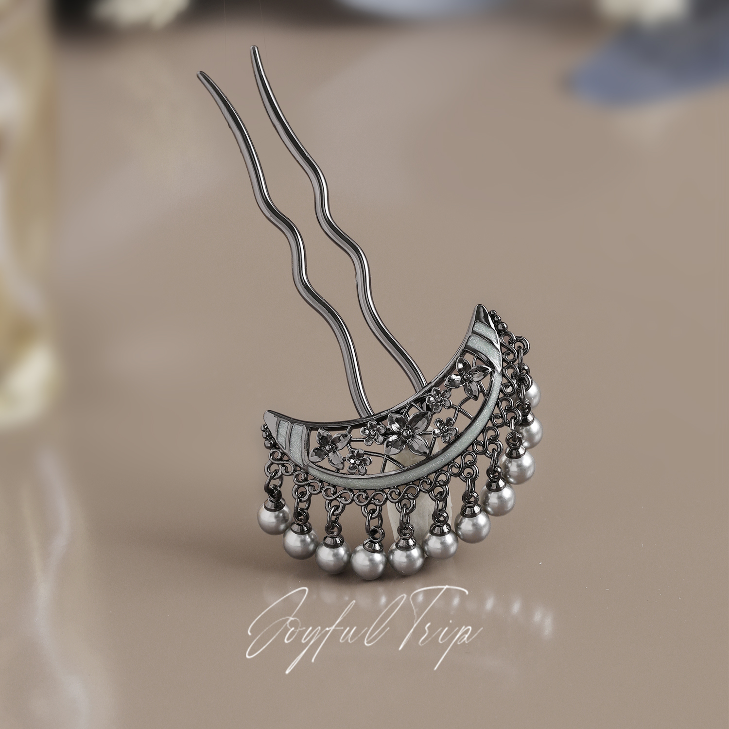 银蝶-古典珍珠流苏步摇发钗