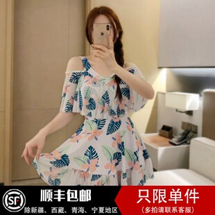 女士泳衣大码 印花 显瘦200斤微胖女孩遮肉V保守泡温泉泳装 爆款