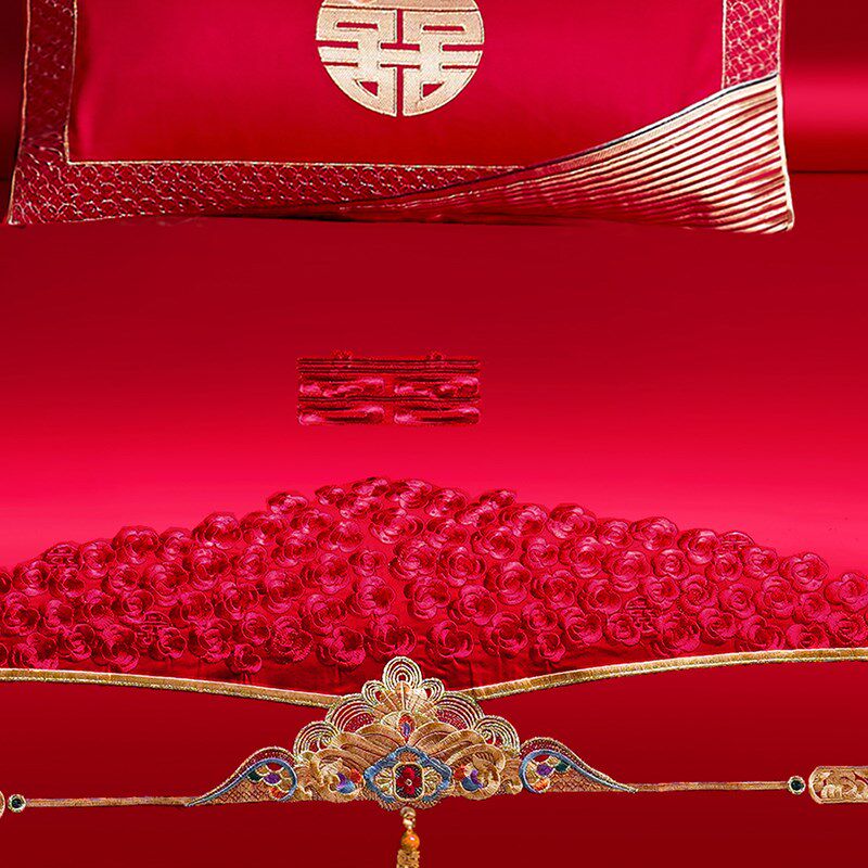 全棉婚庆四件套大l红色喜被子结婚六件套被套刺绣婚房床上用品,床上用品,婚庆床品套件,淘宝优惠券,粉丝福利购,淘宝优惠卷