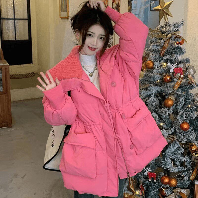 泡泡格面料小个子收腰o棉服女中长款新款韩版棉袄宽松显瘦加厚棉