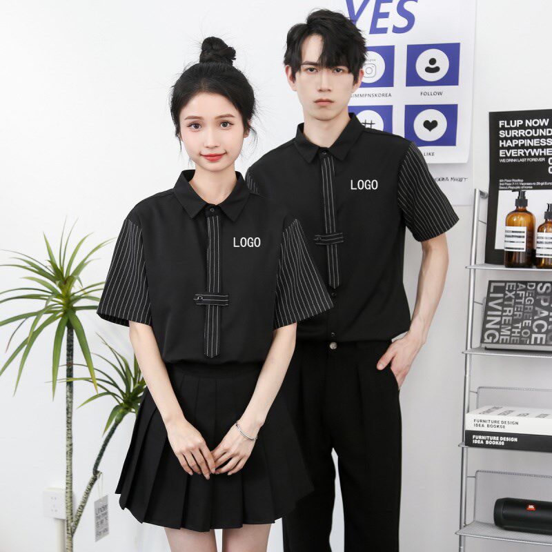定制衬衫印字logo图案夏装宽松B西餐厅奶茶咖啡店男女团体公司工