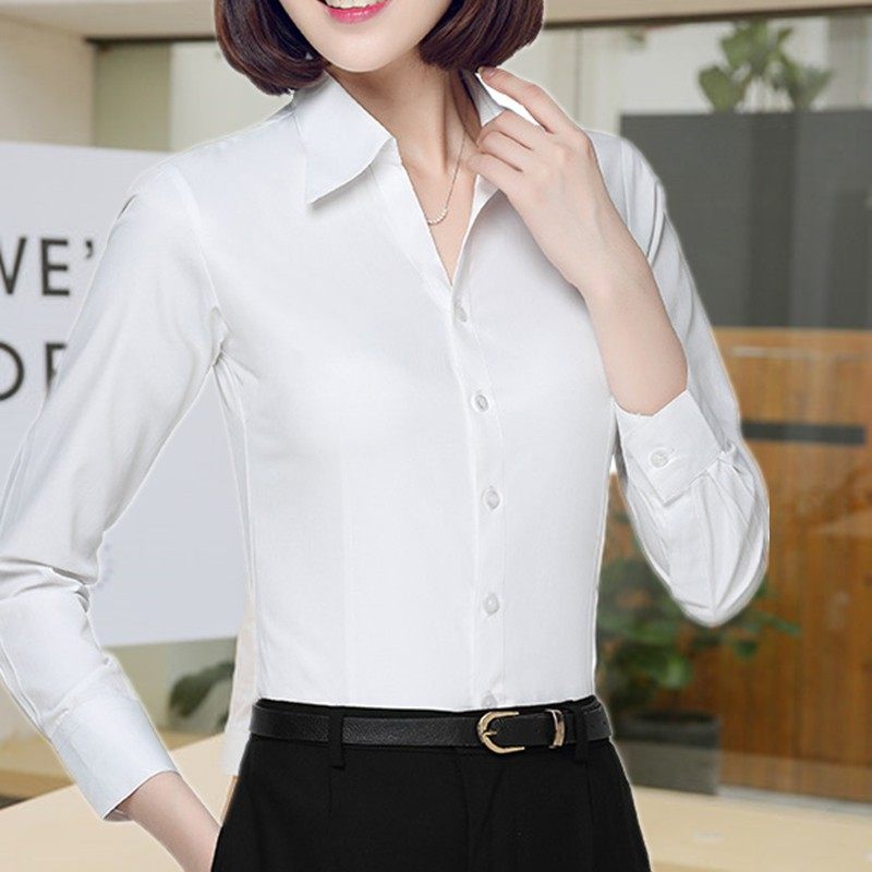 白衬衫女长袖职业装显瘦V领正装衬衣大码N商务工作服韩版百搭