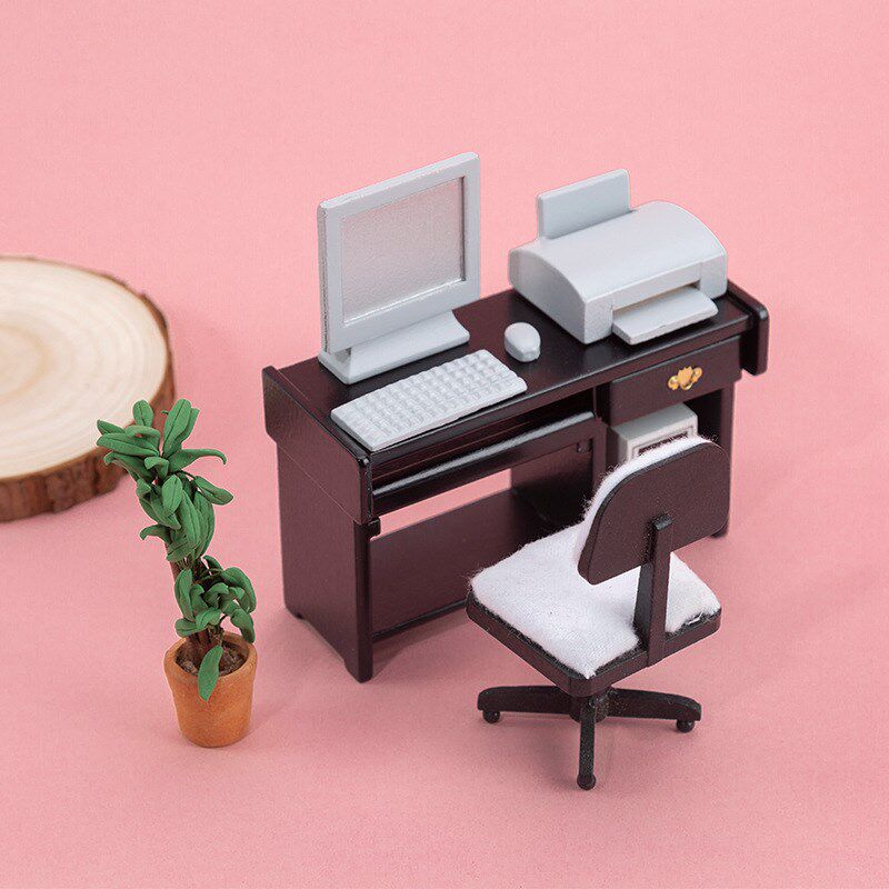 1:12电脑桌椅套装dollhouse娃娃屋迷你家具模型袖珍X玩具场景道具