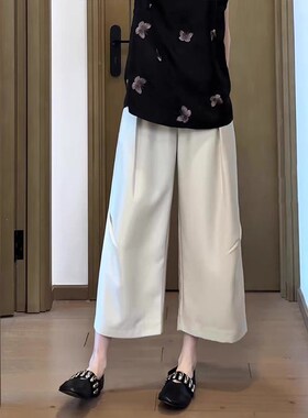 新中式国风缎面醋酸休闲阔腿裤女夏薄款2025R新款宽松直筒八分裤