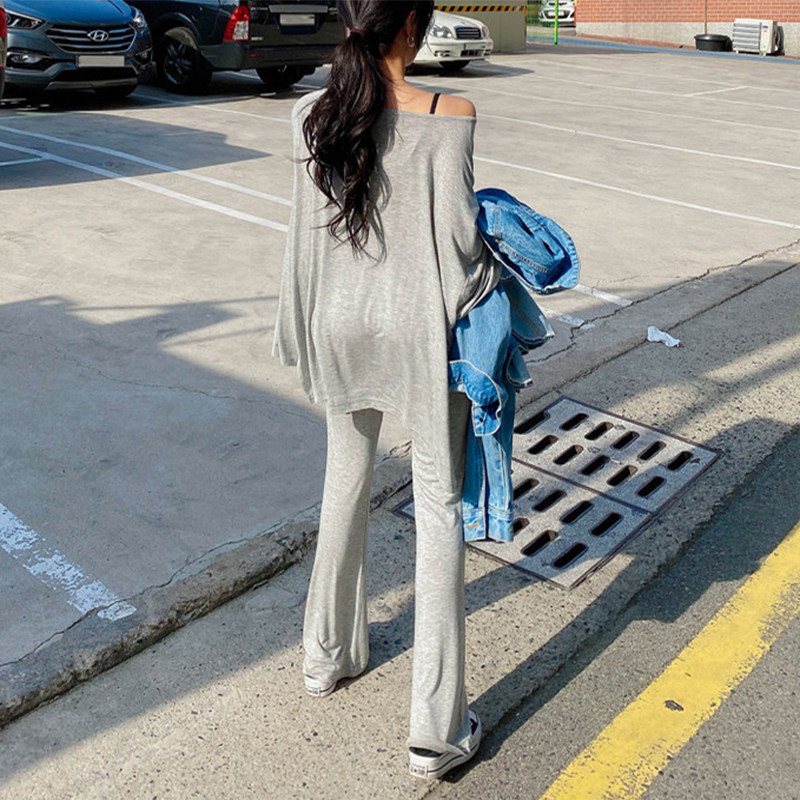 网红炸街露肩时尚套装夏洋气x减龄宽松微喇裤运动休闲两件套女薄
