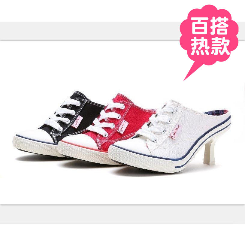 经典帆布高跟拖鞋夏季p时尚百搭个性细跟透气系带尖头黑色新款女