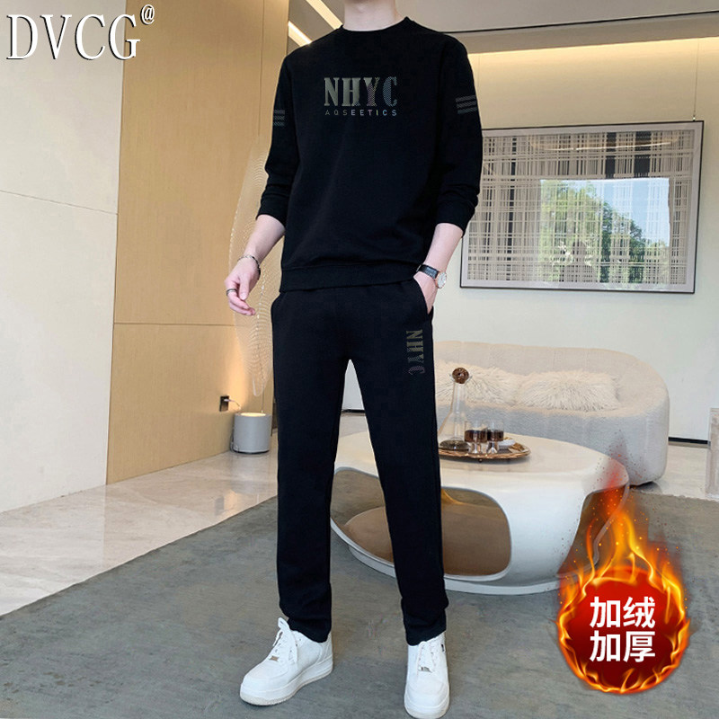 高端秋冬男士休闲套装加绒加厚圆领卫衣搭配帅气两件套运动服男款