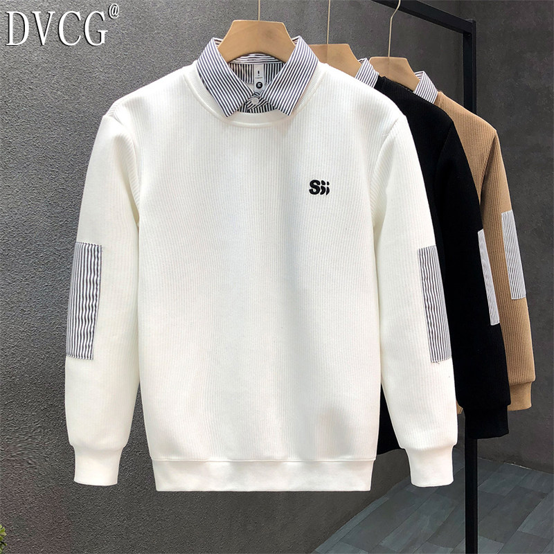 高端假两件卫衣男士春秋冬季上衣服新款加绒男士衬衫领打底衫男款