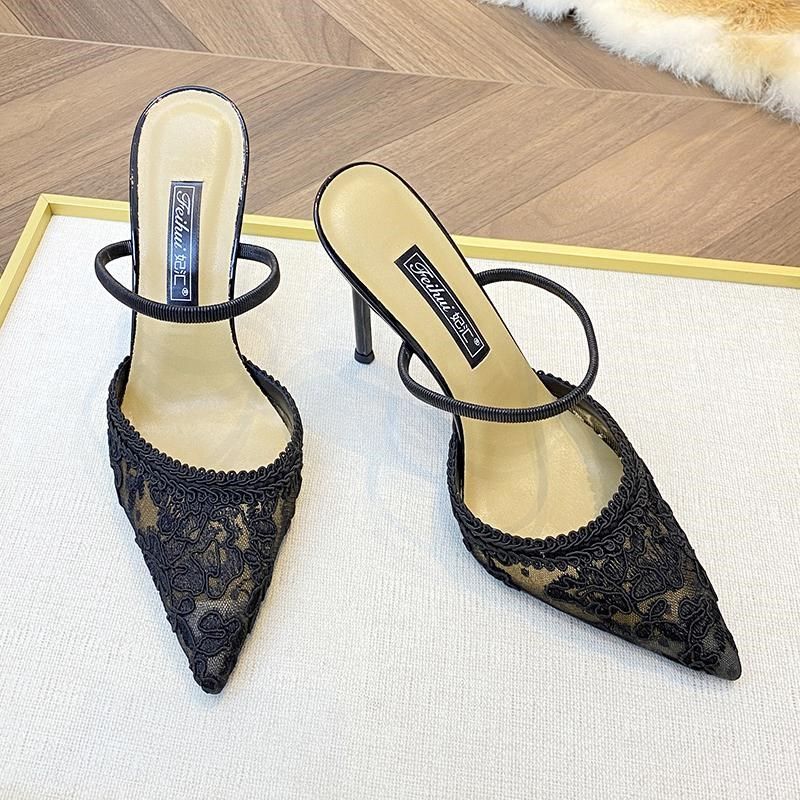 高跟鞋女20g25新款半拖尖头细跟凉鞋蕾丝包头浅口网纱外穿凉拖鞋,女鞋,一字带凉鞋,淘宝优惠券,粉丝福利购,淘宝优惠卷