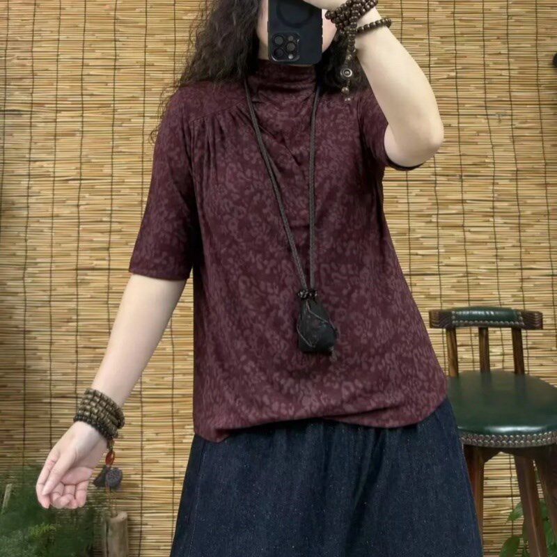 简约通勤风咖色红色j拼色夏季豹纹T恤女士宽松型五分袖打底衣 女