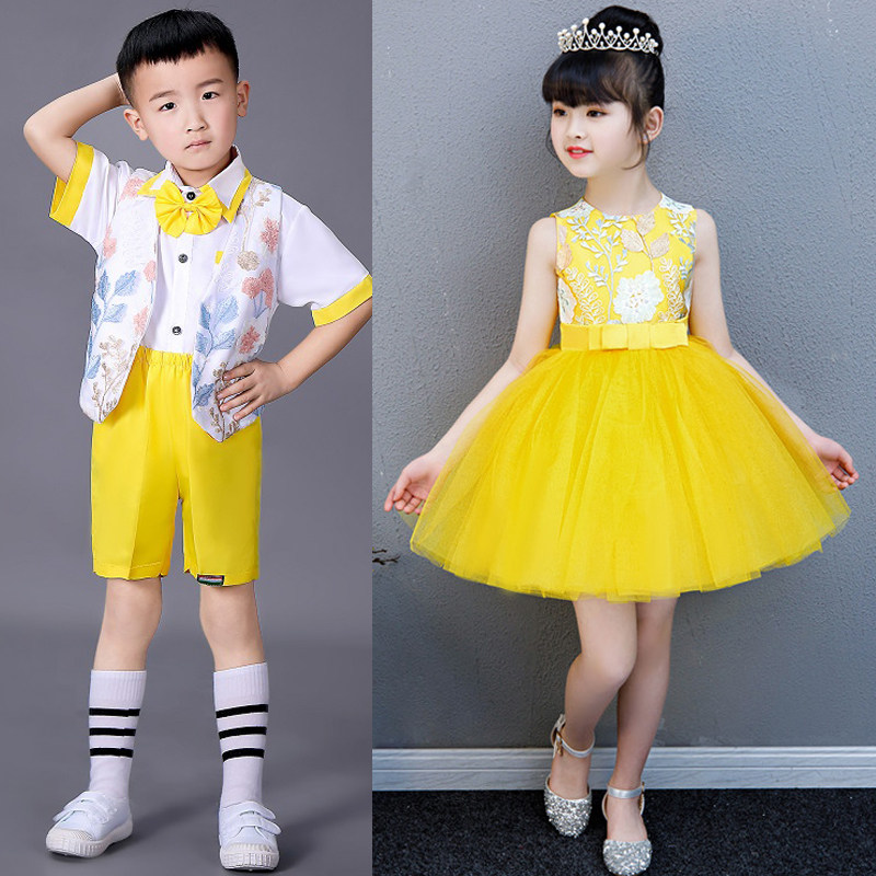 元旦节目儿童演出合唱服幼u儿园跳舞蓬蓬裙黄色纱裙亮片舞蹈表演
