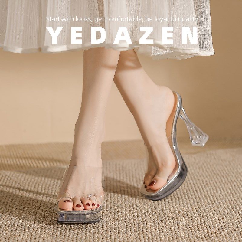 透明水晶超高跟凉k鞋女粗跟2025新款夏天防水台一字带银色法式拖,女鞋,一字带凉鞋,淘宝优惠券,粉丝福利购,淘宝优惠卷
