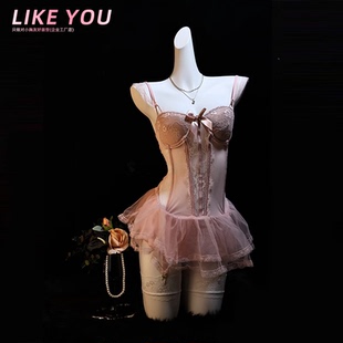 女 套装 Like You小胸性感睡衣网纱胸垫钢圈马甲免脱蓬蓬裙制服法式