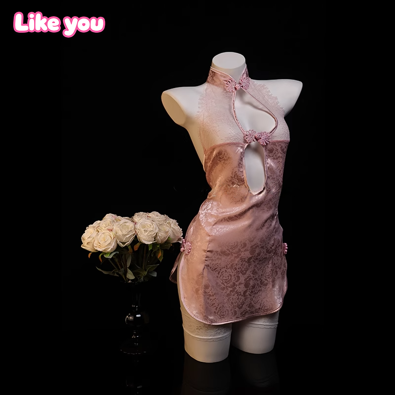 Like You粉香盈袖性感睡裙中式旗袍蕾丝花边qqny镂空透视短裙纯欲