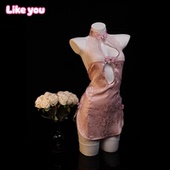 性感睡裙中式 Like You粉香盈袖 旗袍蕾丝花边qqny镂空透视短裙纯欲