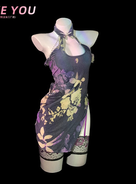 Like You小胸版型繁花似锦性感挂脖吊带裙纯欲风紫色旗袍套装qqny