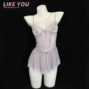 Like qqny内衣诱惑睡衣 You小胸性感睡衣女纯欲风蕾丝吊带睡裙套装