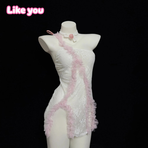 Like You相思魅娘性感斜挂系带甜美连衣裙女蕾丝透视包臀qqny战袍