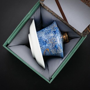 泡茶碗 可悬停旋转盖碗青花掐丝银龙茶杯家用单个三才茶具套装