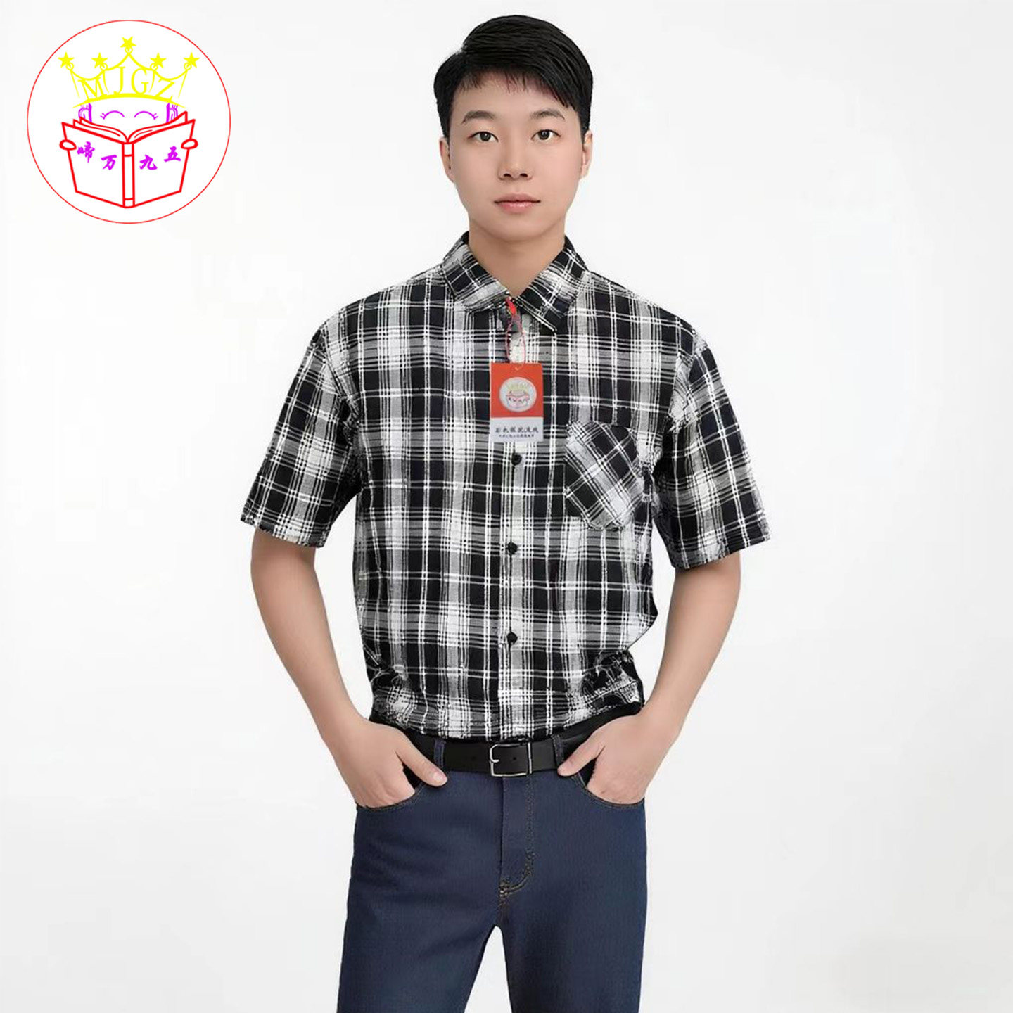 黑白格子短袖衬衫夏季男款休闲宽松半袖衬衣百搭潮牌大码外套男生图片