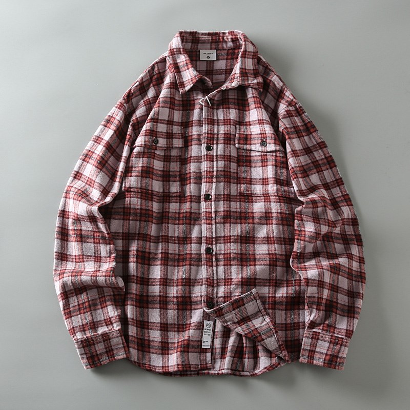 春秋新款经典格纹磨毛亲肤面料男士时尚百搭翻领格子长袖衬衫外套