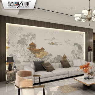 山水墙布背景墙壁布描金楼阁壁画客厅沙发卧室茶室壁纸轻奢 新中式