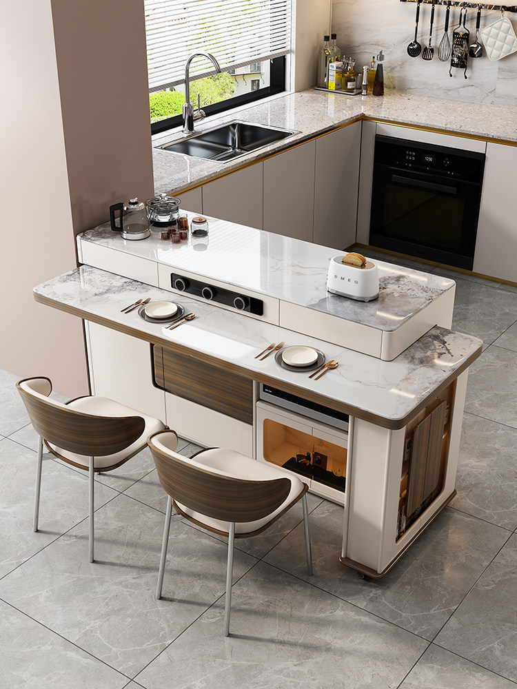 岛桌餐桌集成小公寓可旋转伸缩意大利轻豪华家石板餐桌和椅子实木