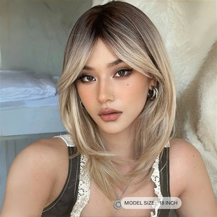 假发女全头套欧美风中分八字刘海混血层次感渐变金棕色锁骨发
