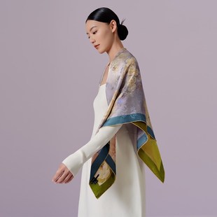 万事利真丝丝巾礼盒桑蚕丝105cm超大方巾手卷丝绸披肩-青烟凝紫