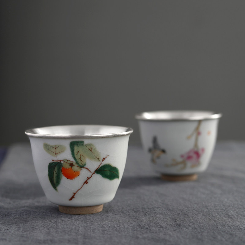 纯银茶杯纯银999银杯子功夫茶杯品茗杯主人杯小茶杯瓷包银杯日式