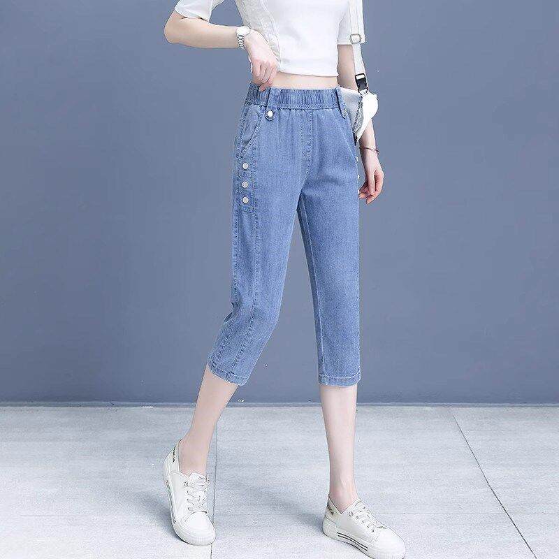 冰丝牛仔裤女夏季薄款松紧腰直筒女裤妈妈新款大码女士七分裤子